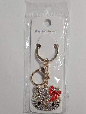 Gold-tone Crystal Hello Kitty Keychain w/Red Bow NWOT